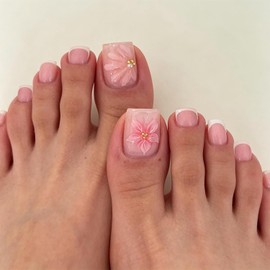 French Flower Press On Toenails Short Square Fake Toenails Pink Floral False Toenails With Gold Pearl Design Reusable Toe Nail Press Ons Glossy Stick On Toe Nails Full Cover For Women Manicure 24Pcs