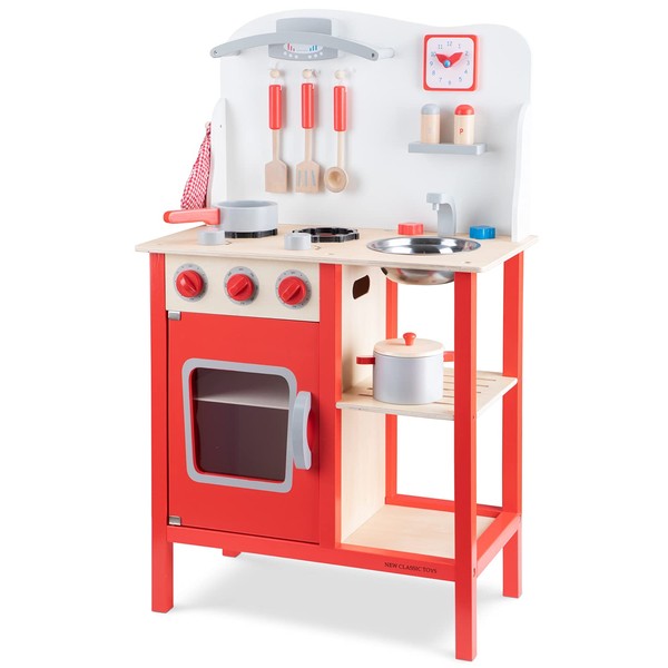New Classic Toys Red Wooden Pretend Play Toy Kitchen for Kids with Role Play Bon Appetit Included Accesoires (11055)