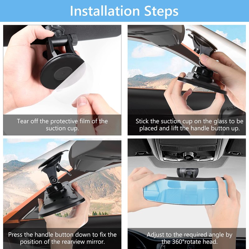 12" Large Convex Rear View Mirror, Suction Cup Anti-Glare Blue