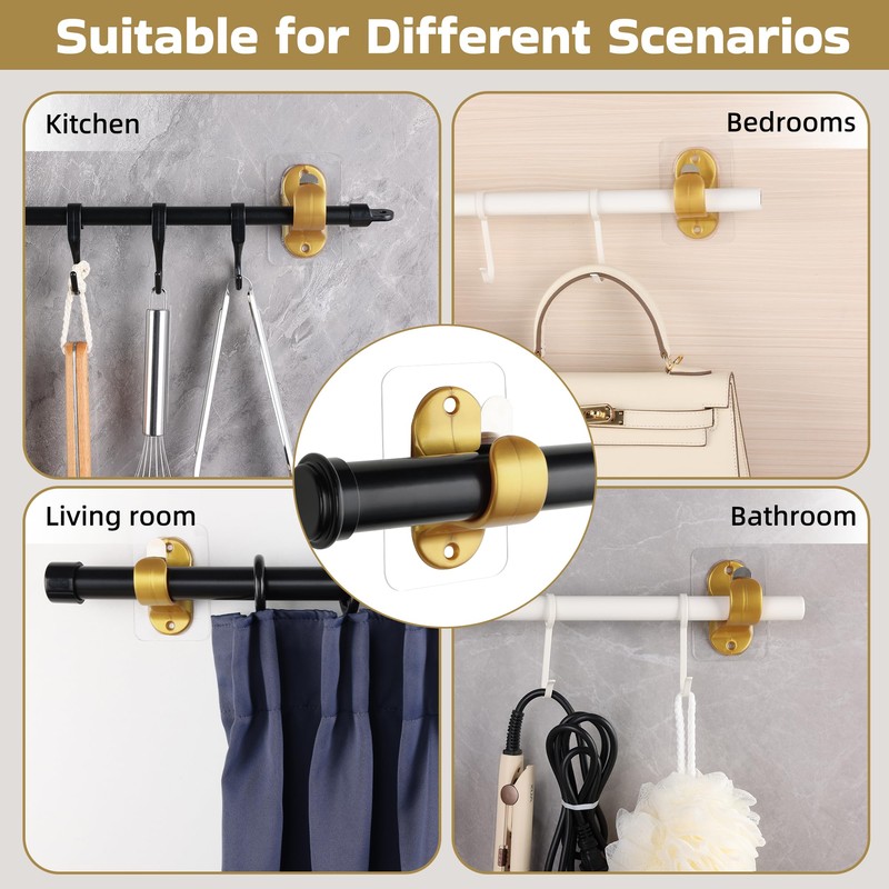 ANDGOO 6 Pack Curtain Rod Brackets No Drilling, Gold Curtain