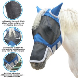 Gallopoff Horse Fly Mask with Ears & Long Nose Cover | Forelock Opening for Tangle-Free Mane Care | UV Protection & Breathable Mesh | No Rub Fit and Enhanced Visbility for Trail Riding RoyalBlue Full