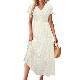 VOTEPRETTY Women's 2025 Summer Boho Floral Maxi Dresses Flutter Short Sleeve V Neck Casual Beach Wedding Guest Vacation Long Dress(White Pink Rose Floral, L)
