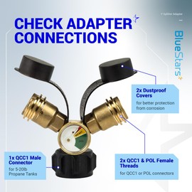 BlueStars Propane Tank Y Splitter QCC/POL with Gauge and Shut-Off Valve - Propane 2 Way Splitter Adapter Fitting for Gas Grills, Heaters, Camping Stoves, BBQ Griddles, Gas Burners, Heaters
