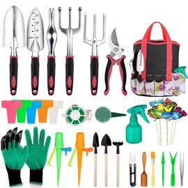 Tudoccy Garden Tools Set 83 Piece, Succulent Tools Set Included, Heavy Duty Aluminum Gardening Tools for Gardening, Ergonomic Handle Tools, Durable Storage Tote Bag, Gifts Tools for Men Women (Red)