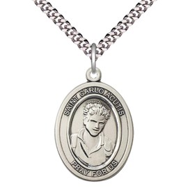 Saint Carlo Acutis Medal Necklace – Sterling Silver Pendant with 24-Inch Light Rhodium Plated Heavy Curb Chain – Patron Saint of the Internet & Youth – Velvet Gift Box Included