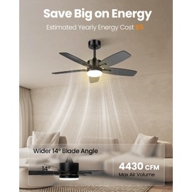 Hisummer 42 Inch Ceiling Fan with Light and Remote, Small Modern Black Ceiling Fans, 5-Blade Indoor/Outdoor Farmhouse Ceiling Fan with Lights for Bedroom, Living Room, Patio