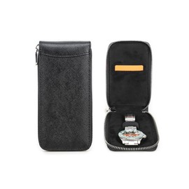 Hiram Watch Travel Case 1 Watch Storage Box Saffiano Leather Portable Zipper Watch Organizer (Black)