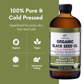 HalalEveryDay Organic Black Seed Oil - USDA Certified Cold Pressed Glass Bottle Over 1.5% Thymoquinone 3X strength Turkish Black Cumin Nigella Sativa non-GMO 100% Pure Blackseed Oil (8oz Glass Bottle)