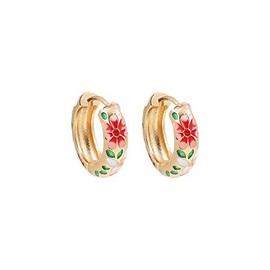 Vintage Enamel Flower Small Hoop Earrings Retro Japanese Style Flowers Ear Clip-on for Women Delicate Jewelry Mother's Day Gift (D pink)