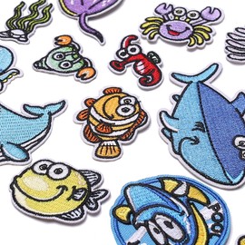 TACVEL 15 Pieces Ocean Animal Embroidered Iron on Patch, Iron on Patches Set, Sew On/Iron on Patch Applique for Clothes, Dress, Hat, Jeans, DIY Accessories