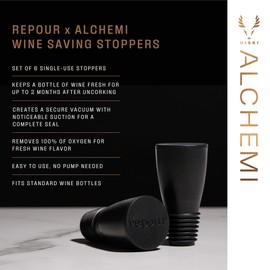 Alchemi Repour Wine Saver Stoppers - Easy to Use Vacuum Seal Stoppers - Removes Oxygen - Set of 6