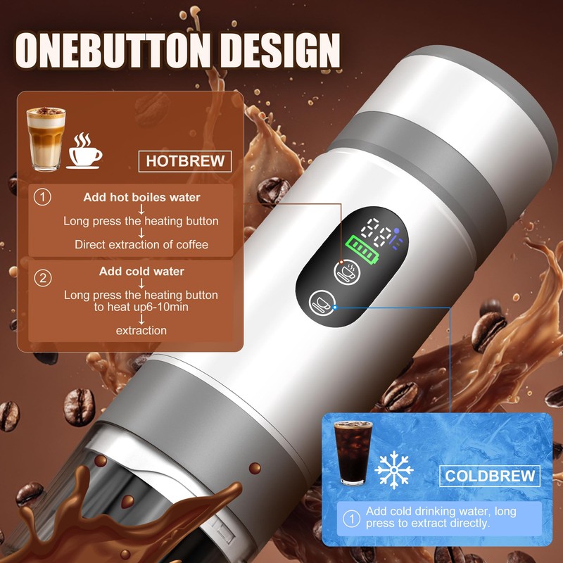 Ceshu Portable Coffee Machine w/ 2 Rechargeable Batteries, 8 Cups,