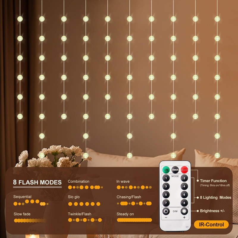 Patioman Ball Curtain Lights, Warm White Window Light 70 Balls