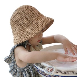 Girls Sun Hat Plain Color Folding Breathable Short Brim Crochet Khaki Straw Hat with Lace Strap Spring Summer Fall Beach Headgear Travel Photography Camping Costume Accessories for 2-6 Years Old Kids