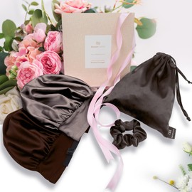 BONNET QUEEN Seidenmütze für Damen, Satin-Nachtmütze zum Schlafen, Geeignet für Lange Natürliche Locken, Perücken, Locs, Geschenkverpackung, Grau und Schokolade