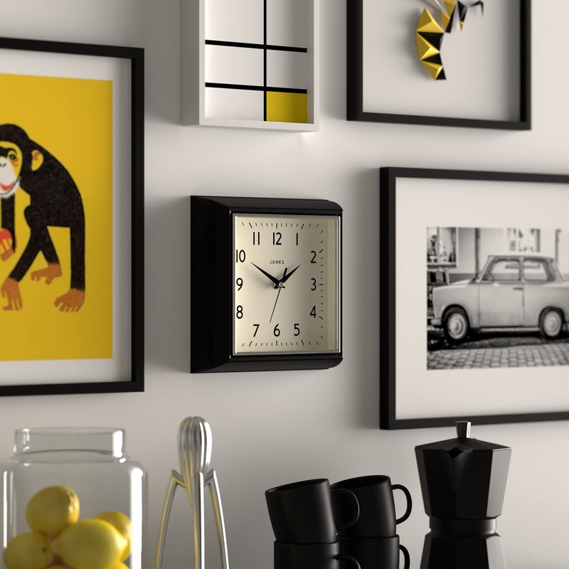 Jones Clocks® Mustard Square Retro Wall Clock Modern Colour Design