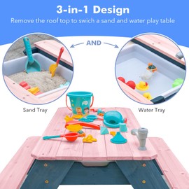 VYOMAMA Kids 3-in-1 Sand & Water Table, Wood Outdoor Convertible Picnic Table with Umbrella, 2 Trays, Removable Top with Faucet, Picnic for Outdoor (Pink/Navy)