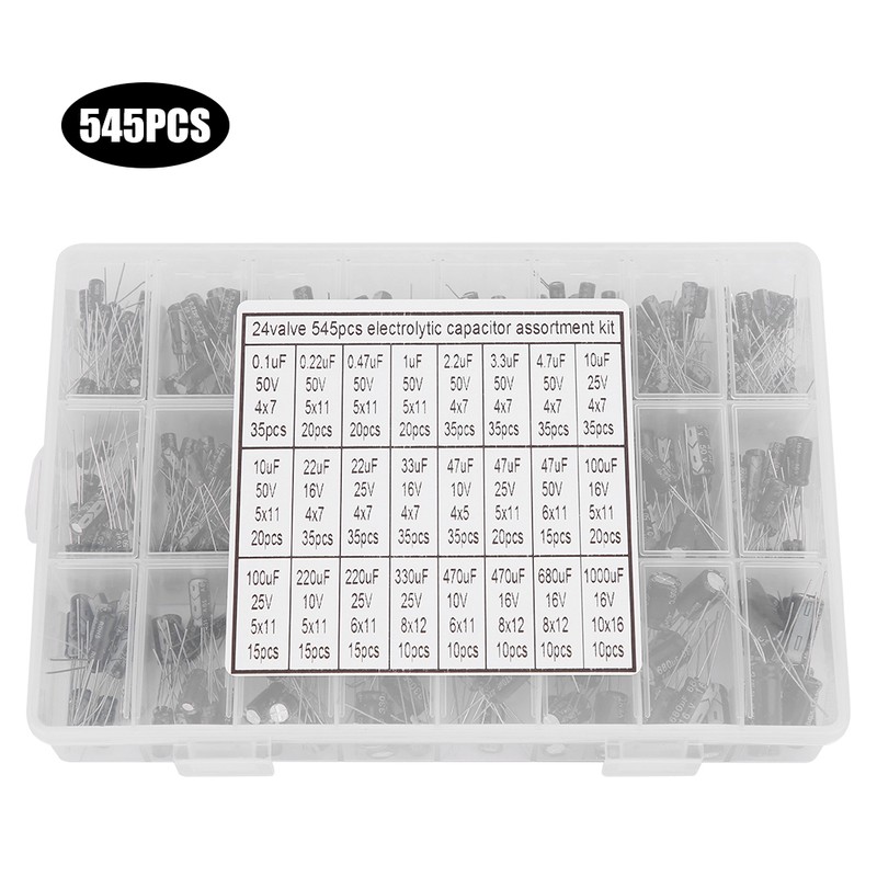 545Pcs 24 Models 0.1uF-1000uF Aluminum Electrolytic Capacitor Assortment Kit with