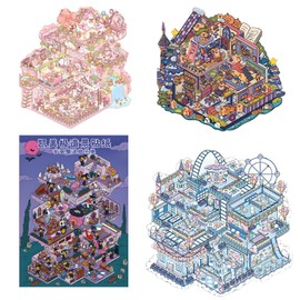 4PCS Big Size Fun DIY Stickers Scene，Cute 3D Korean Cartoon Scene Sticker for Adult and Children Relief Stress Pass The Time，Mini House Sticker with Tweezers (04)