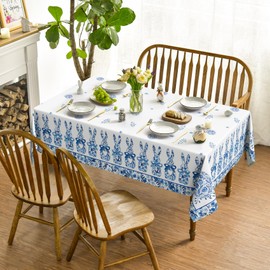 Horaldaily Easter Tablecloth 52×70 Inch Rectangular, Spring Carrots Bunny Blue White Porcelain Washable Seasonal Table Cover for Party Picnic Dinner Decor