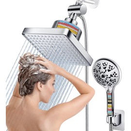 Dual Filtered Rain Shower Head Combo, High Pressure 10 Modes Handheld Shower Head Built in Water Filtration, 6 inch Rainfall Shower Head with Filter for Hard Water