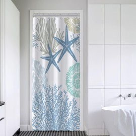 Tritard Small Stall Shower Curtain 36x72 Half Size - Nautical Coastal Waterproof Fabric Shower Curtains for Bathroom, Starfish Seashell Beach Themed RV Camper Narrow Bath Curtain with 7 Hooks, Blue