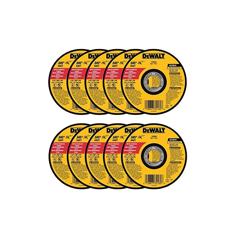 DeWalt DW8062 4-1/2"x.045"x7/8" Metal Angle Grinder Thin Cutoff Wheel, 10