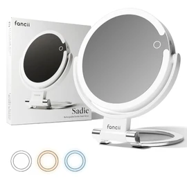 Fancii Travel Magnifying Mirror 10x /1x with Lights, Rechargeable | 9-Inch Extra Large LED Lighted Makeup Mirror, Folding Double Sided Portable Vanity Mirror, 3 Light Settings, Touch Sensor (Sadie)
