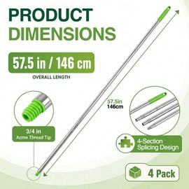 Lanties 4 Pack 57.5-Inch Stainless Steel Floor Squeegee Replacement Handles, 3/4-Inch Acme Thread Poles with Non-Slip Grip and Hanging Cap for Commercial Cleaning, Green