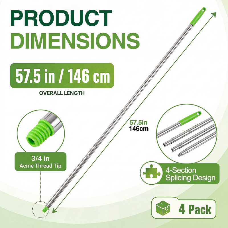 Lanties 4 Pack 57.5-Inch Stainless Steel Floor Squeegee Replacement Handles,