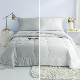 COTTEBED Reversible Queen Bed Comforter Set - Jersey Knit T-Shirt Feel Full Size Bedding 1 Down Blanket Quilt & 2 Pillow Sham - Ultra-Soft Fluffy Lightweight Cozy All Season Use (Light Gray and White)