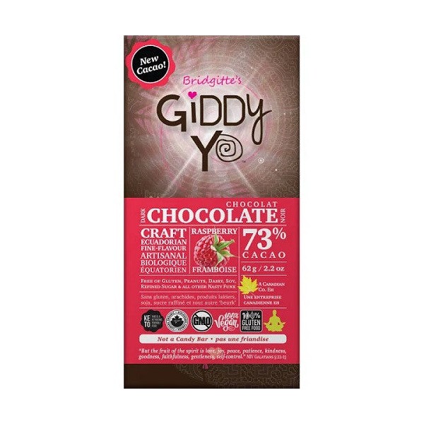 Giddy YoYo Raspberry Certified Organic Dark Chocolate Bars, 1 Bar - 73%