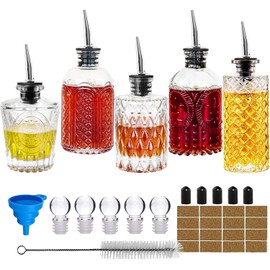 Syrup Dispenser Bottles Set - 5 Pack Simple Syrup Bottles with Metal Pour Spout and Dust Caps,For Syrups,Honey,Olive Oil,Condiments,Syrup Dispenser for Coffee Bar with Labels