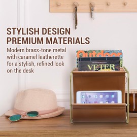 MyGift Modern Brass Tone Metal & Caramel Leatherette Desktop Folder Holder – Office Mail Sorter Organizer for Desk, Letters, Files, and Documents