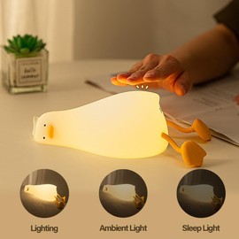 Myratts Cute Lying Flat Duck Night Light, 3 Level Dimmable Nursery Nightlight, Kawaii Lamps Squishy Silicone Light Up Duck, Rechargeable Touch Lamp, Best Gift for Kids Adults Room Decor