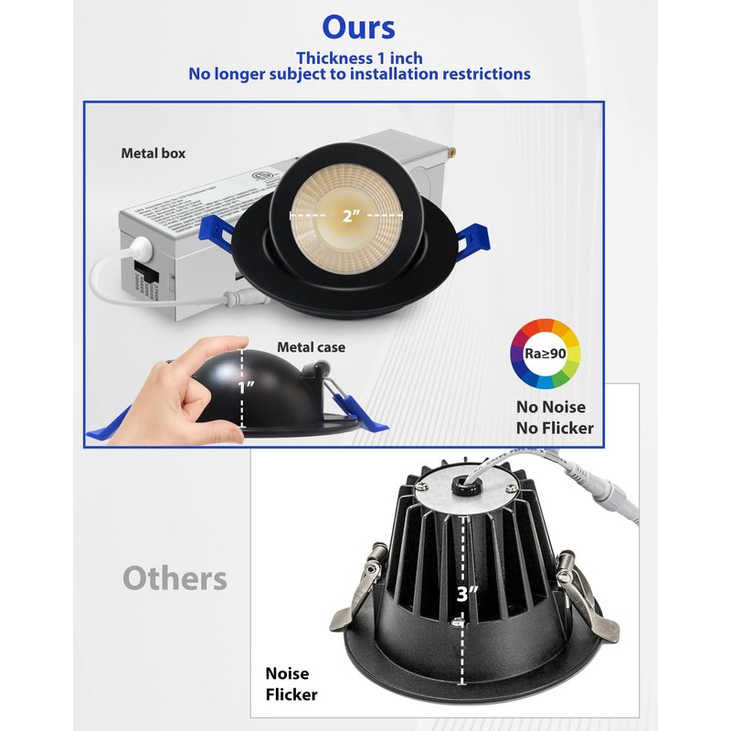 Adetu 2 Inch 5CCT Gimbal Black Led Recessed Lighting with