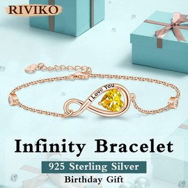 RIVIKO Infinity Heart Symbol Charm Bracelet for Women Bracelets 925 Sterling Silver With Yellow Zirconia Adjustable Link Birthday Anniversary Mothers day Jewelry Gift for Women Mom Wife