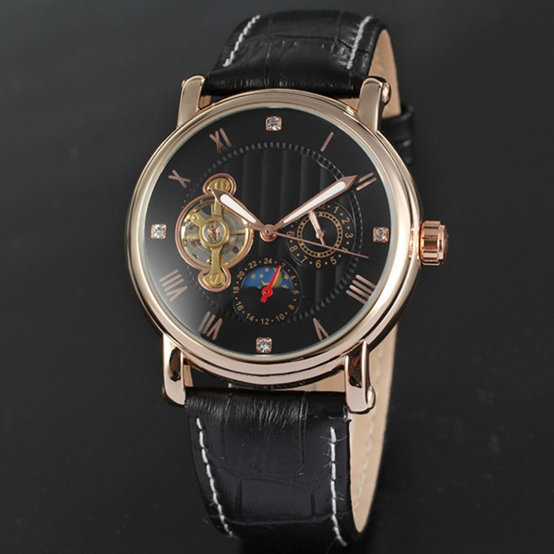 FORSINING Male Automatic Watch PU Leather Strap Analog Wristwatch(White Rose
