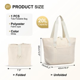 SUIKIHUM Tote Bag for Women, Work Bag Handbag Polyester Foldable Waterproof with Zipper, Large Capacity for Gym Travel Beach Essentials, White