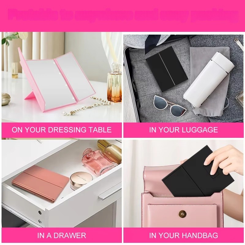 LED Makeup Mirror for Beauty Routines – Three-Sided Folding Vanity