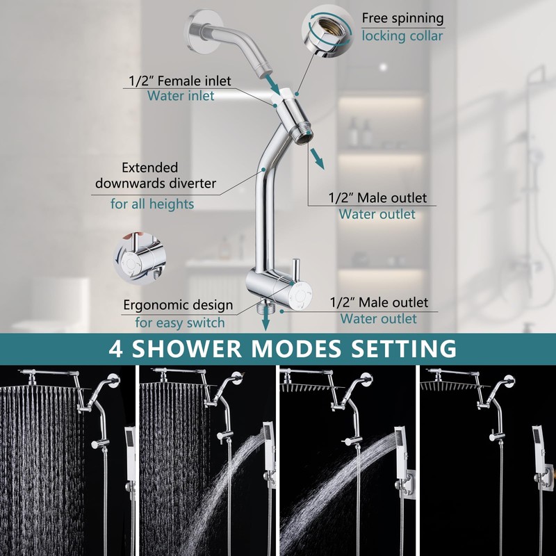 PDPBath Brass Shower Arm Diverter with Adhesive Handheld Holder for