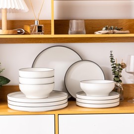 LERATIO Ceramic Dinnerware Sets of 4, High Edge Stoneware Plates and Bowls Set, Chip and Crack Resistant | Oven & Dishwasher & Microwave Safe Dishes Set, Service for 4 - Matte Black Rim (12 PCS)