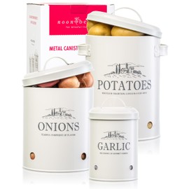 noonberry Potato and Onion Storage Bin, Garlic Storage, Set of 3 Metal Kitchen Storage Containers with Ventilation Holes, Country Farmhouse Canisters