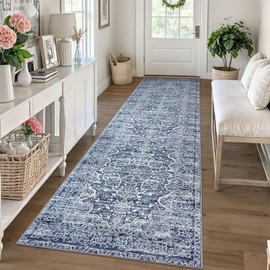 KUTA Vintage Runners for Hallways, 2.6x10 Vintage Blue White Washable Kitchen Rugs Non-Slip Ultra Soft Printed Distressed Traditional Medallion Floor Carpet for Bedroom Living Room
