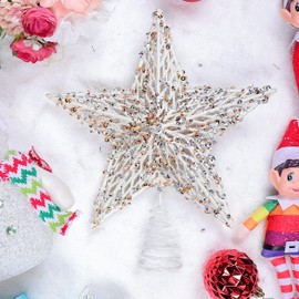 Suixing Christmas Tree Topper 10" Wire Five-Pointed Star Treetop Party Supplies Xmas Decor Home Hotel Office Whitegold