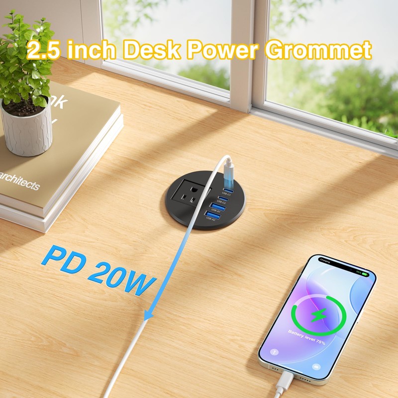 2.5 inch Desk Power Grommet Outlet 2 USB C 20W,