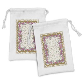 Ambesonne Oriental Fabric Pouch Set of 2, Botanical Nature Art with Flourish Field of Soft Spring Flowers, Small Drawstring Bag for Toiletries Masks and Favors, 9" x 6", Cream and Multicolor