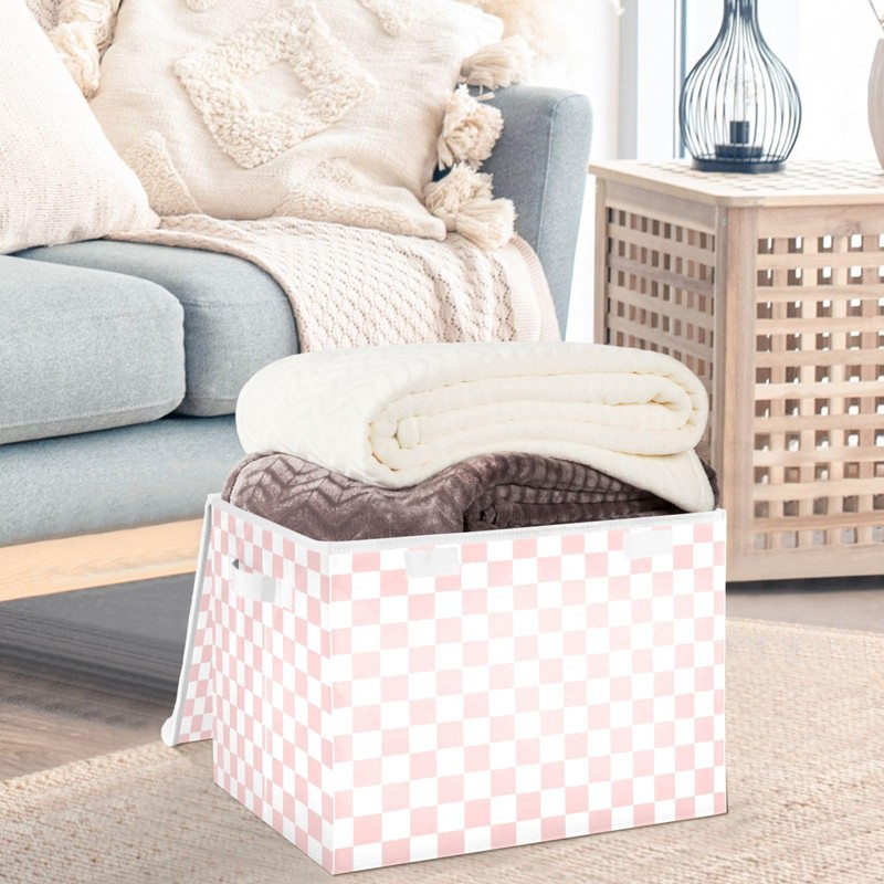 CaTaKu Large Fabric Storage Bins With Lids,Pink Checkered Racing Storage