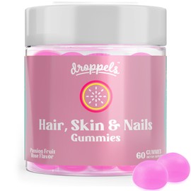 Droppels Hair, Skin and Nails Vitamins Gummies with Biotin 10,000mcg, Vitamin A, Vitamin C, Vitamin E, B6 & B12 | Vegan & Pectin-Based Biotin Gummies, Passion Fruit Rose Flavor, 60 Count