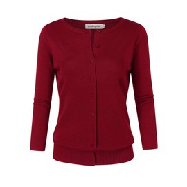 Leadingstar Women 3/4 Long Sleeve Crew Neck Lightweight Cardigan (Burgundy, XL)